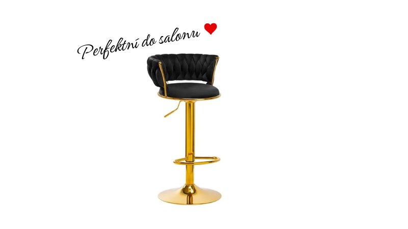 Kosmetická židle pro makeup, úpravu obočí i pro zákaznice, které čekají na proceduru. Vysoká, nastavitelná, černá a zlatá.